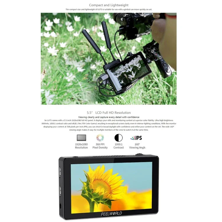 FEELWORLD LUT5 5.5 吋超高亮度 3000nit 觸控螢幕 DSLR 攝影機外接監視器，LUT5