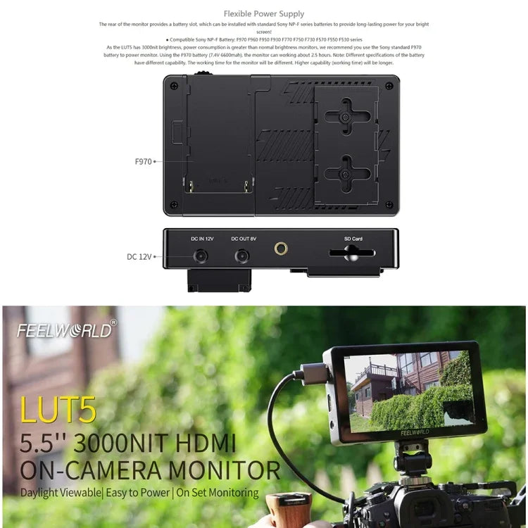 FEELWORLD LUT5 5.5 吋超高亮度 3000nit 觸控螢幕 DSLR 攝影機外接監視器，LUT5
