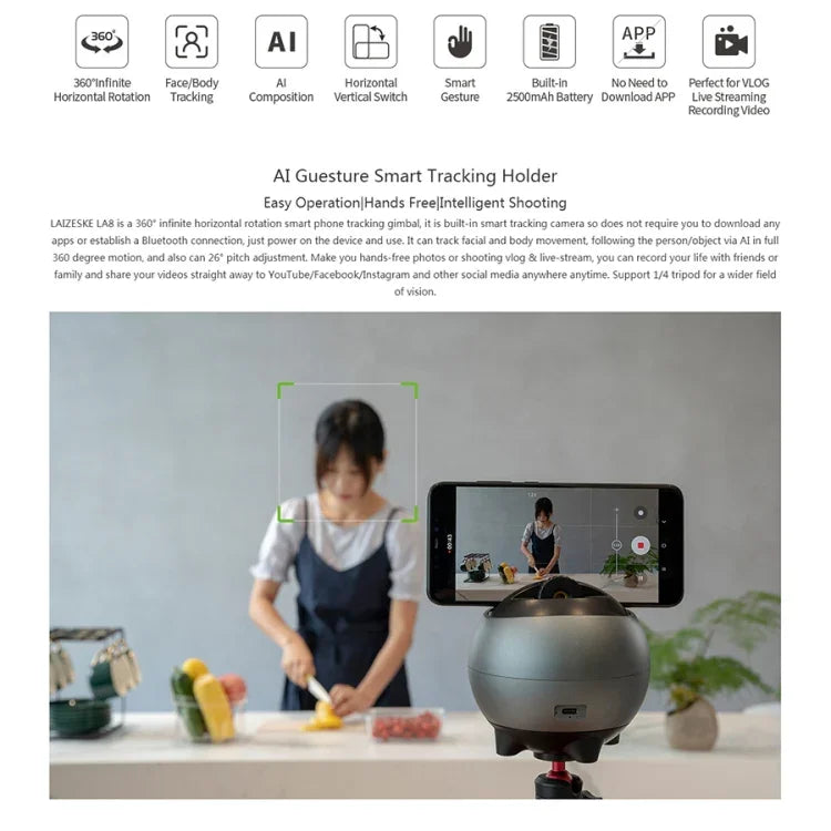 LAIZESKE LA8 智能機器人攝影師 360 度自動追蹤手機支架，LA8