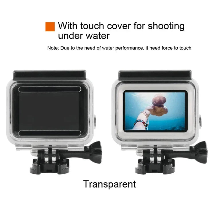 45米防水外殼保護套 + 觸控螢幕背蓋，適用於GoPro NEW HERO /HERO6 /5，附扣環基本固定座及螺絲，無需拆鏡頭，觸控螢幕（透明）