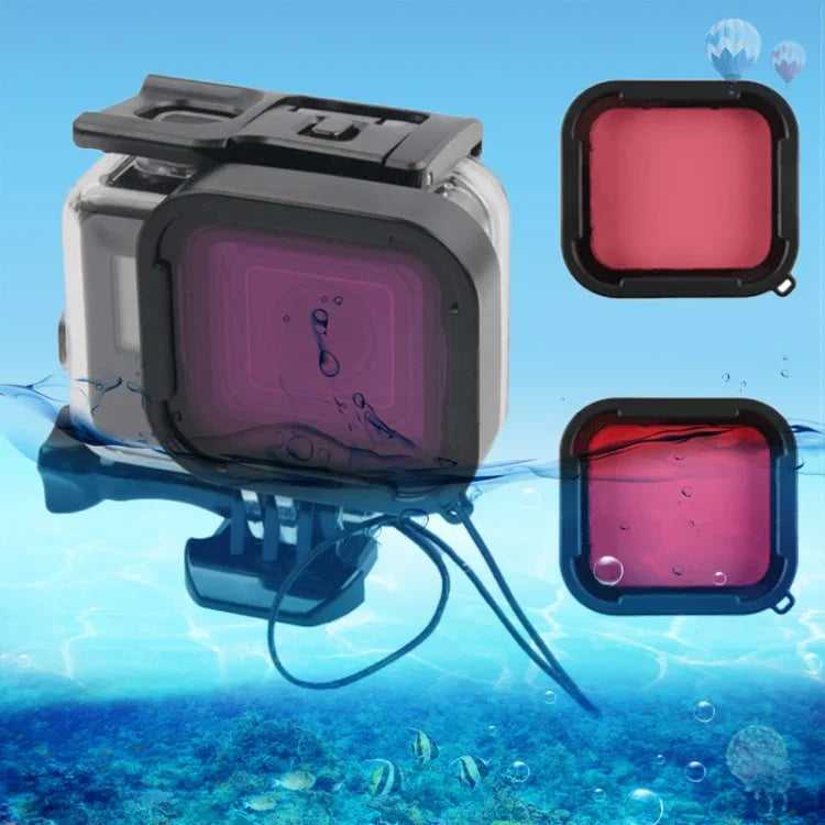 45米防水外殼保護套 + 觸控螢幕背蓋，適用於GoPro NEW HERO /HERO6 /5，附扣環基本固定座及螺絲及（紫色、紅色、粉色）濾鏡，無需拆鏡頭，觸控螢幕 + 濾鏡（透明）