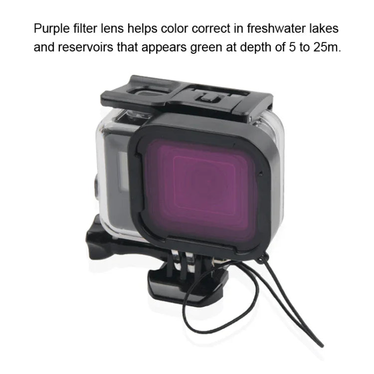 45米防水外殼保護套 + 觸控螢幕背蓋，適用於GoPro NEW HERO /HERO6 /5，附扣環基本固定座及螺絲及（紫色、紅色、粉色）濾鏡，無需拆鏡頭，觸控螢幕 + 濾鏡（透明）