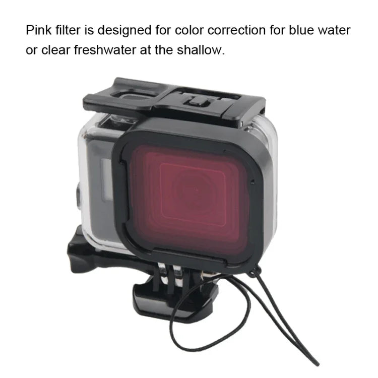 45米防水外殼保護套 + 觸控螢幕背蓋，適用於GoPro NEW HERO /HERO6 /5，附扣環基本固定座及螺絲及（紫色、紅色、粉色）濾鏡，無需拆鏡頭，觸控螢幕 + 濾鏡（透明）