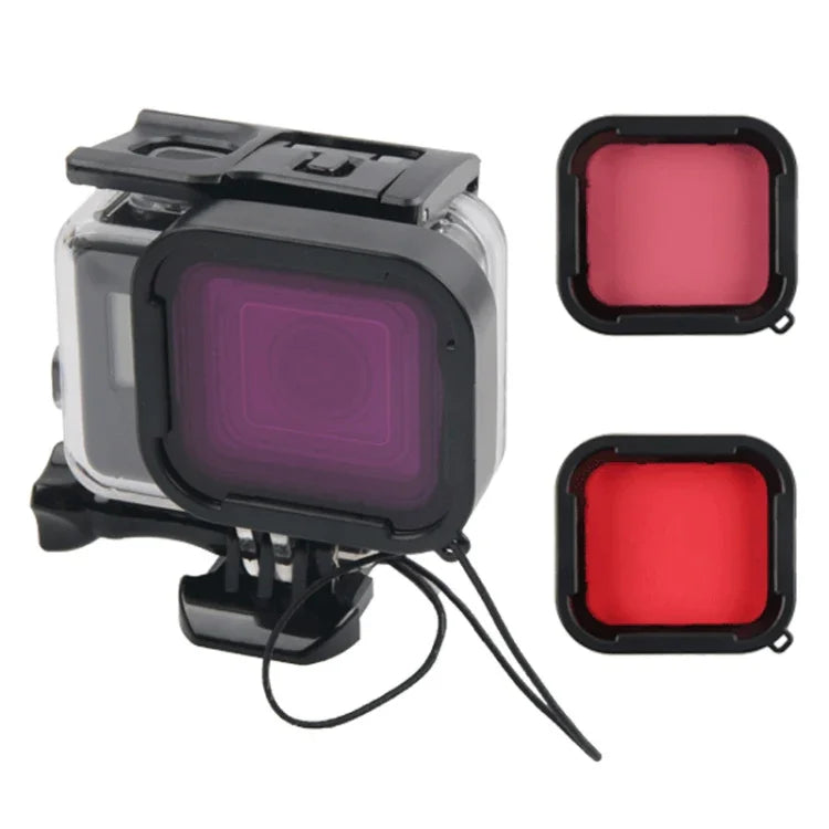 45米防水外殼保護套 + 觸控螢幕背蓋，適用於GoPro NEW HERO /HERO6 /5，附扣環基本固定座及螺絲及（紫色、紅色、粉色）濾鏡，無需拆鏡頭，觸控螢幕 + 濾鏡（透明）