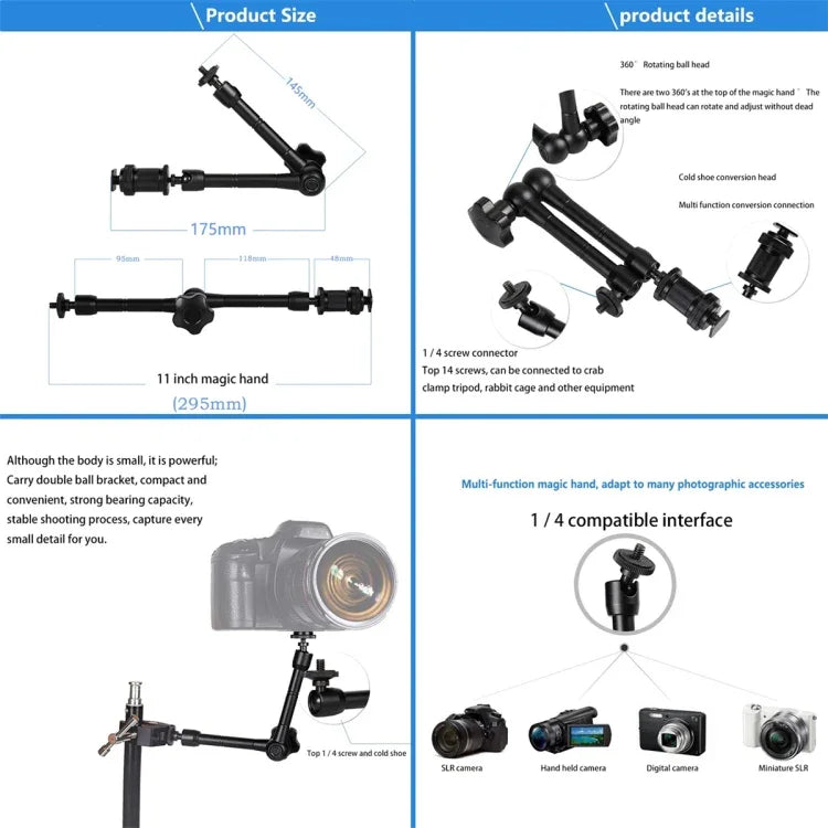 11 inch Adjustable Friction Articulating Magic Arm + Large Claws Clips with Phone Clamp, 11 inch Magic Arm + Claws Clips with Phone Clamp