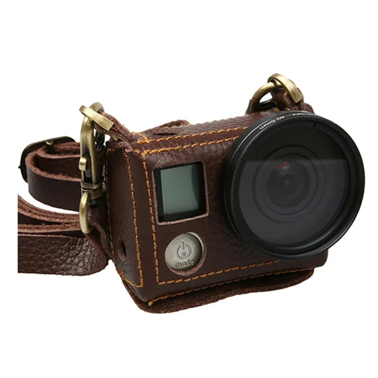 適用於 GoPro HERO4 荔枝紋真皮保護套附背帶，荔枝紋（棕色）