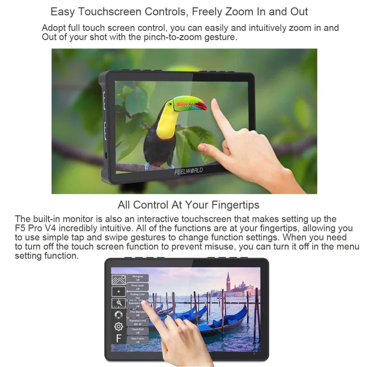 FEELWORLD F5 Pro V4 6 吋觸控螢幕 DSLR 相機外接監視器，3D LUT，4K HDMI 輸入輸出，傾斜支架，F5 Pro V4