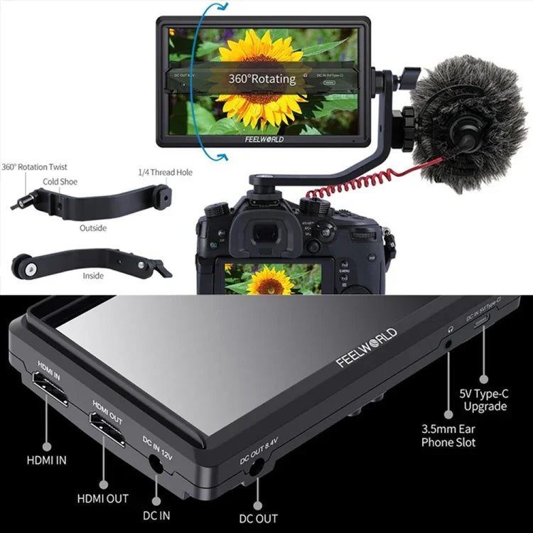 FEELWORLD FW568 V3 6 吋 3D LUT DSLR 相機外接監視器，IPS 全高清 1920 x 1152，支援 HDMI 輸入輸出，傾斜支架