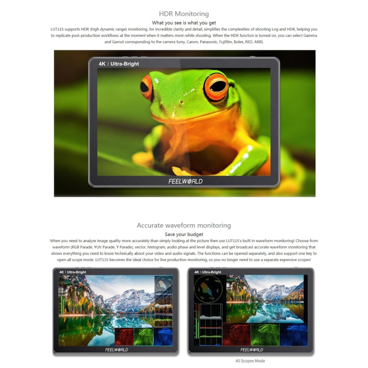 FEELWORLD LUT11S 10.1 吋超高亮度 2000nit 觸控螢幕 DSLR 攝影機現場監視器，3G-SDI 4K HDMI 輸入輸出 1920 x 1200 IPS 面板，LUT11S