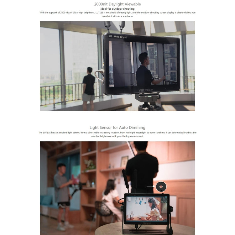 FEELWORLD LUT11S 10.1 吋超高亮度 2000nit 觸控螢幕 DSLR 攝影機現場監視器，3G-SDI 4K HDMI 輸入輸出 1920 x 1200 IPS 面板，LUT11S