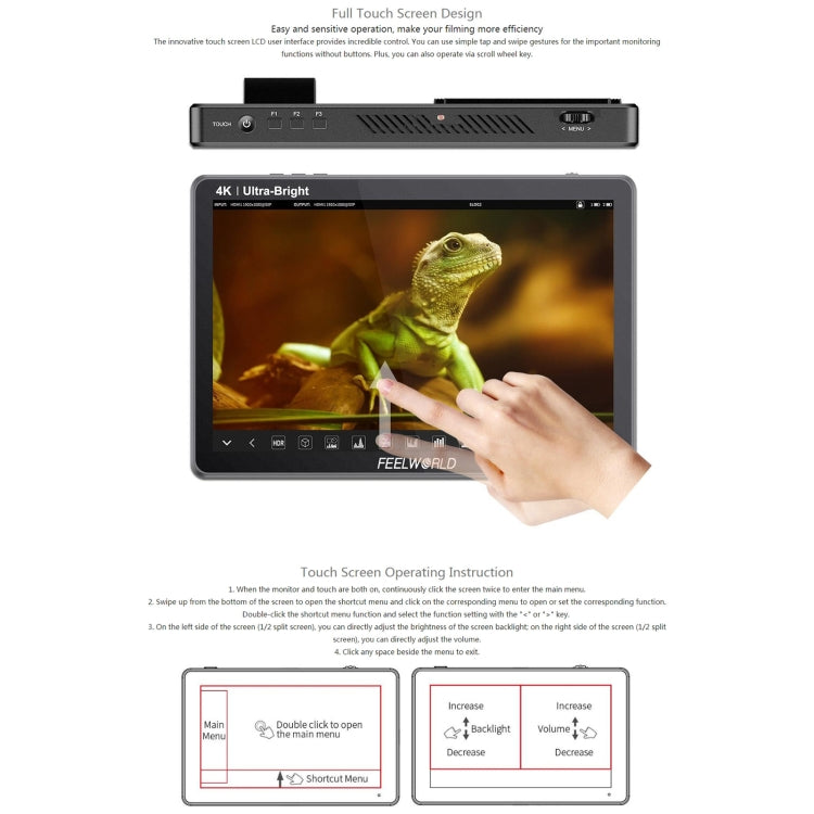 FEELWORLD LUT11S 10.1 吋超高亮度 2000nit 觸控螢幕 DSLR 攝影機現場監視器，3G-SDI 4K HDMI 輸入輸出 1920 x 1200 IPS 面板，LUT11S