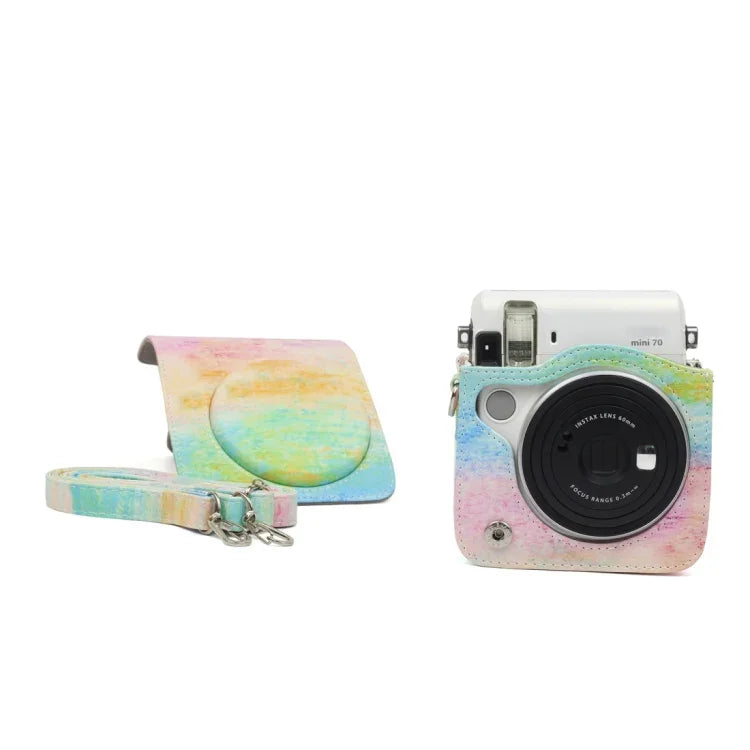 彩虹油畫圖案 PU 皮革相機保護包，適用於 FUJIFILM Instax Mini70 相機，彩虹油畫