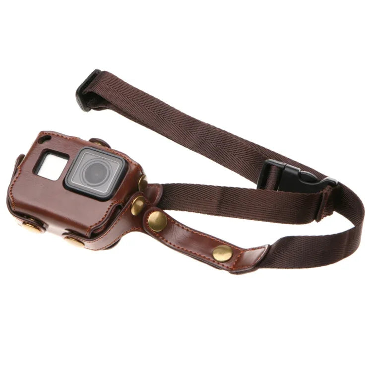 GoPro HERO7 Black /6 /5 PU 皮革保護殼附頸帶與按鈕，PU 皮革（棕色）、PU 皮革（咖啡色）、PU 皮革（黑色）