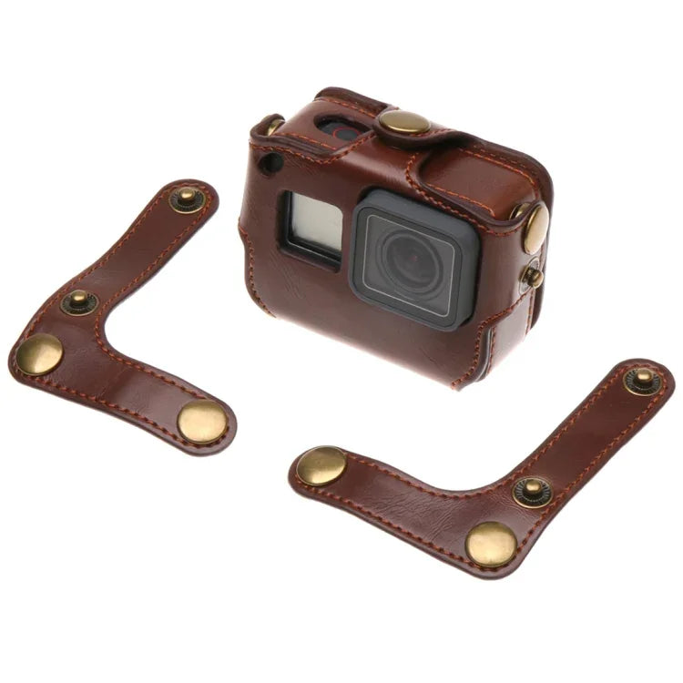 GoPro HERO7 Black /6 /5 PU 皮革保護殼附頸帶與按鈕，PU 皮革（棕色）、PU 皮革（咖啡色）、PU 皮革（黑色）