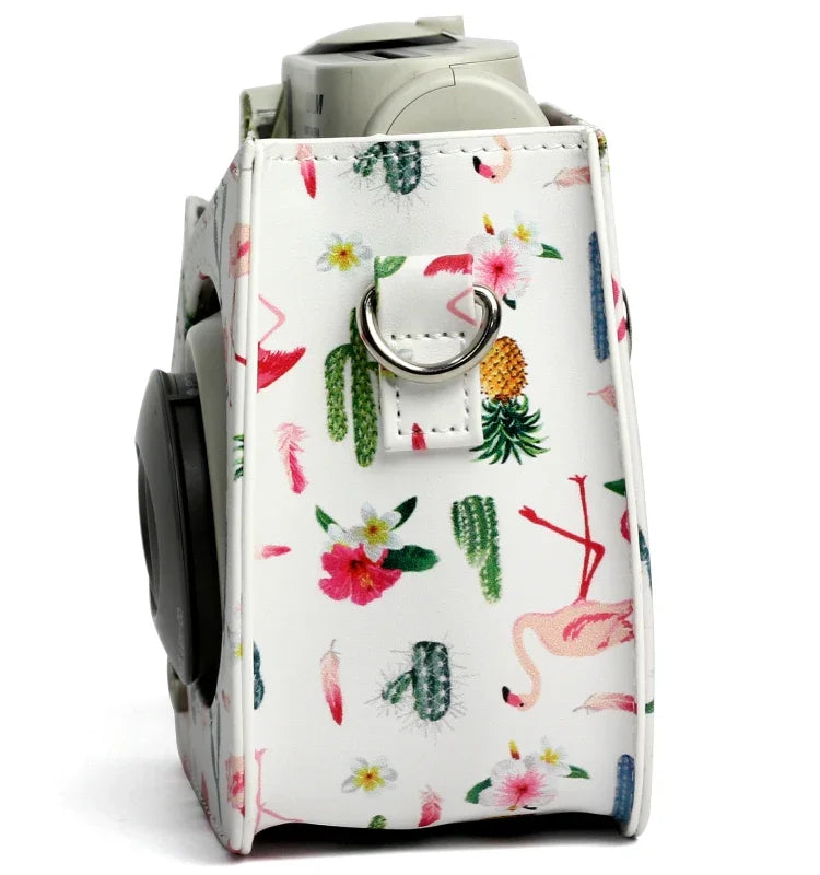 火烈鳥仙人掌圖案PU皮革保護相機包，適用FUJIFILM Instax Mini 7S / 7C相機，火烈鳥仙人掌
