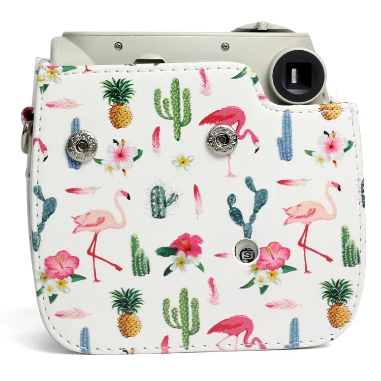 火烈鳥仙人掌圖案PU皮革保護相機包，適用FUJIFILM Instax Mini 7S / 7C相機，火烈鳥仙人掌