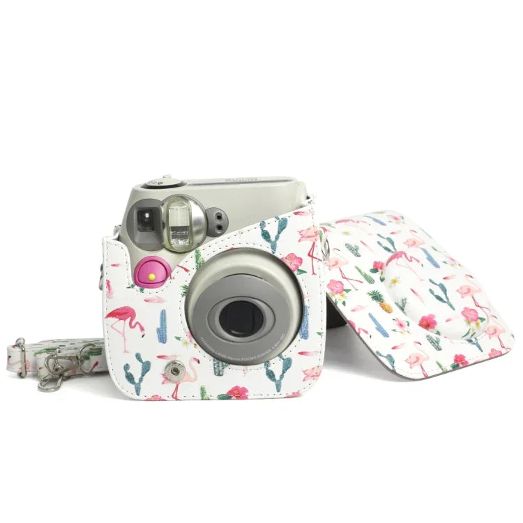 火烈鳥仙人掌圖案PU皮革保護相機包，適用FUJIFILM Instax Mini 7S / 7C相機，火烈鳥仙人掌