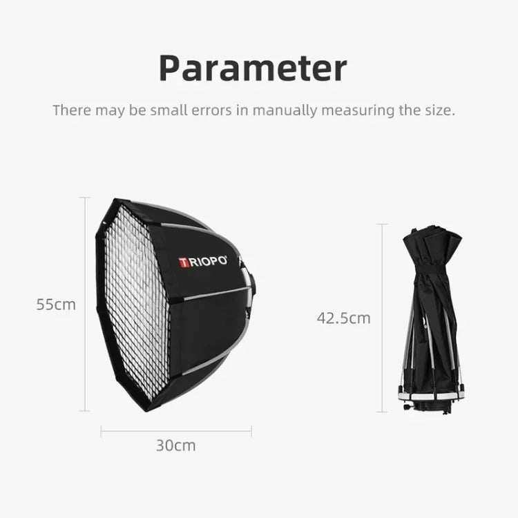 TRIOPO KS55 55 公分 Speedlite 閃光燈八角形拋物線柔光箱擴散器，帶支架手柄，KS55