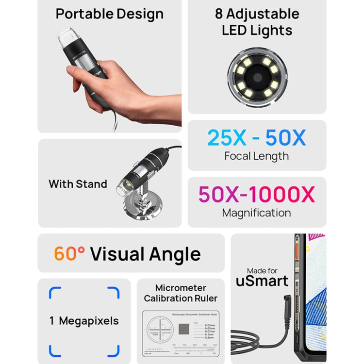 Ulefone uSmart C01 有線數位顯微鏡，適用 Ulefone Armor 18 系列 / 9 / 9E 及 Power Armor 16 系列 / 13 / Armor Pad，uSmart C01