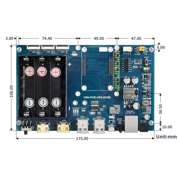 Waveshare PoE UPS 基板，適用 Raspberry Pi CM4，千兆以太網，雙 HDMI，四 USB 2.0，PoE UPS 基板