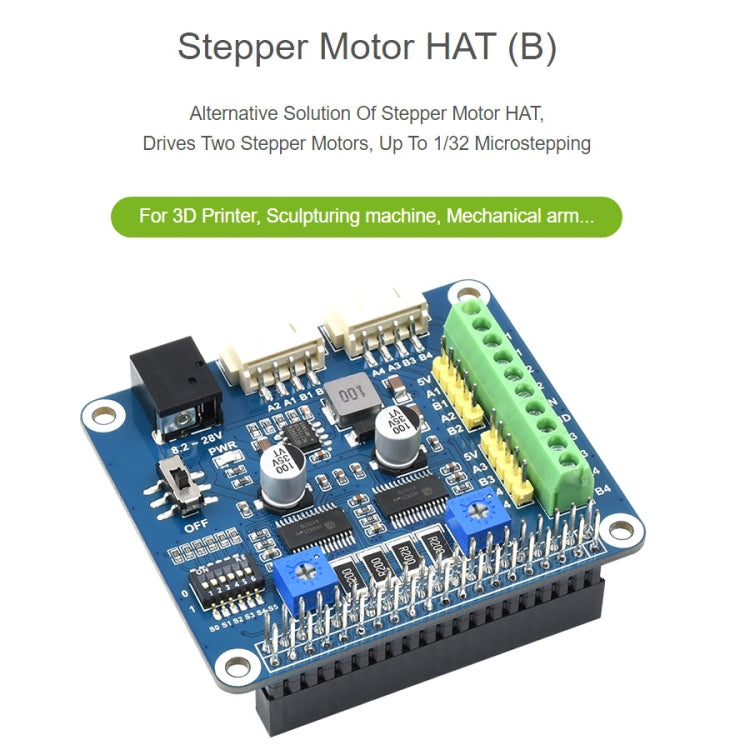 Waveshare HRB8825步進馬達HAT適用於Raspberry Pi，驅動兩個步進馬達，最高1/32微步進