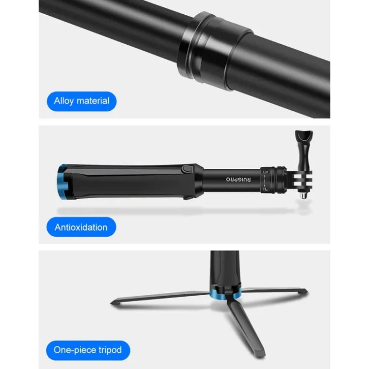 RUIGPRO 一體成型手持三腳架自拍棒伸縮獨腳架支架，適用 GoPro、Insta360、DJI 及其他運動相機，黑色