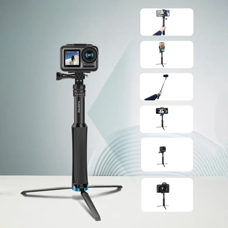 RUIGPRO 一體成型手持三腳架自拍棒伸縮獨腳架支架，適用 GoPro、Insta360、DJI 及其他運動相機，黑色