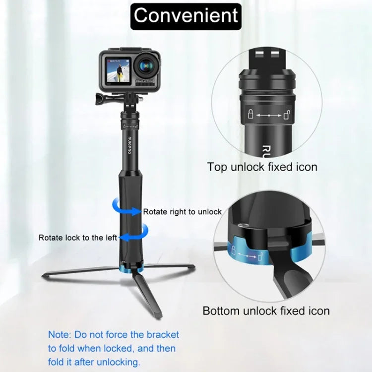 RUIGPRO 一體成型手持三腳架自拍棒伸縮獨腳架支架，適用 GoPro、Insta360、DJI 及其他運動相機，黑色