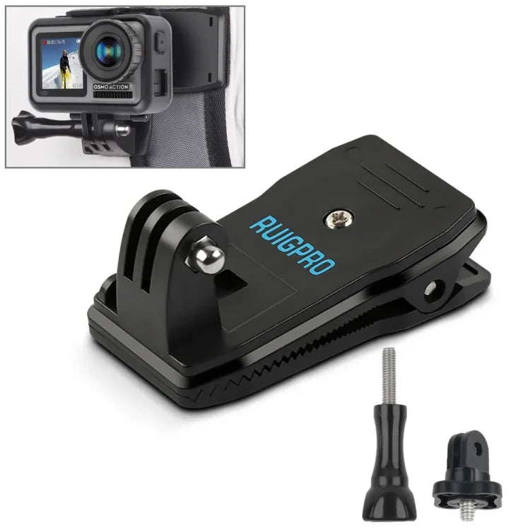 RUIGPRO 360 度旋轉背包 Rec-Mounts 夾式夾具支架，附螺絲，適用 GoPro、Insta360、DJI 及其他運動相機，360 度旋轉夾
