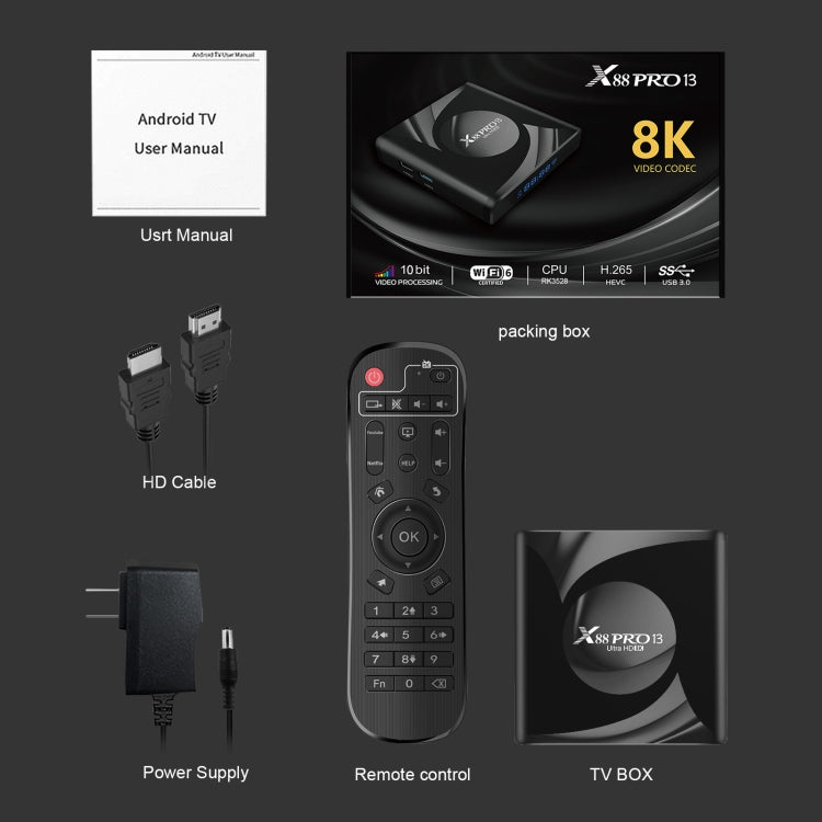 X88 Pro 13 安卓 13.0 智能電視盒，附遙控器，RK3528 四核心，4G+32GB，4G+32GB