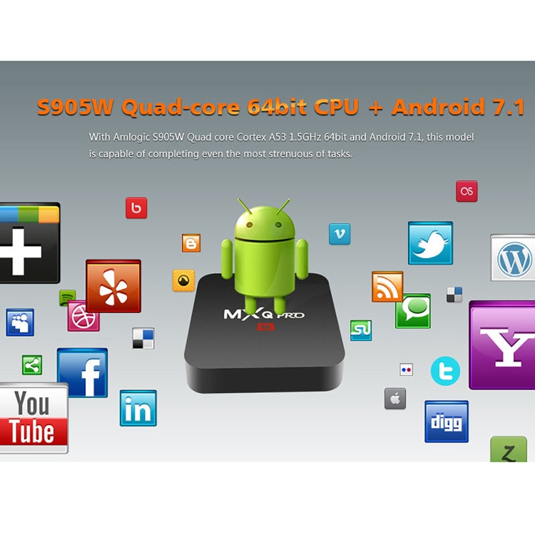 MXQ PROi 1080P 4K HD 智能電視盒，附遙控器，Android 7.1 S905W 四核 Cortex-A53，最高 2GHz，RAM：2GB，ROM：16GB，支援 WiFi，英規插頭，2GB+16GB，英規插頭