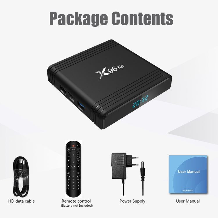 X96 Air 8K 智能電視盒 Android 9.0 媒體播放器，附遙控器，四核 Amlogic S905X3，RAM：4GB，ROM：32GB，雙頻 WiFi，藍牙，澳洲插頭，4GB+32GB
