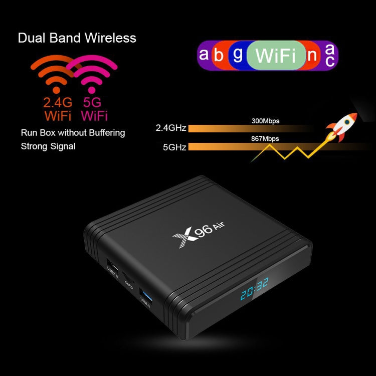 X96 Air 8K 智能電視盒 Android 9.0 媒體播放器，附遙控器，四核 Amlogic S905X3，RAM：4GB，ROM：32GB，雙頻 WiFi，藍牙，澳洲插頭，4GB+32GB