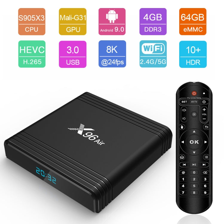 X96 Air 8K 智能電視盒 Android 9.0 媒體播放器，附遙控器，四核 Amlogic S905X3，RAM：4GB，ROM：64GB，雙頻 WiFi，藍牙，澳洲插頭，4GB+64GB
