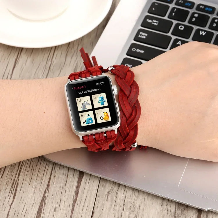 手工編織皮革錶帶，適用於 Apple Watch Series 6 & SE & 5 & 4 44mm / 3 & 2 & 1 42mm，Apple Watch Ultra 49mm / Series 8&7 45mm / SE 2&6&SE&5&4 44mm / 3&2&1 42mm，Apple Watch Series 7 45mm / 6 & SE & 5 & 4 44mm / 3 & 2 & 1 42mm