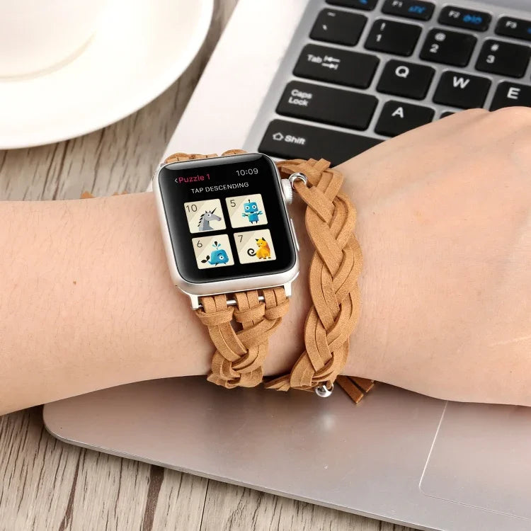 手工編織皮革錶帶，適用於 Apple Watch Series 6 & SE & 5 & 4 44mm / 3 & 2 & 1 42mm，Apple Watch Ultra 49mm / Series 8&7 45mm / SE 2&6&SE&5&4 44mm / 3&2&1 42mm，Apple Watch Series 7 45mm / 6 & SE & 5 & 4 44mm / 3 & 2 & 1 42mm