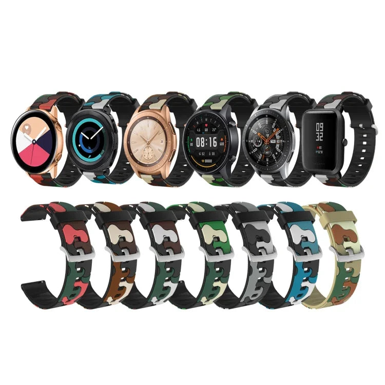 迷彩矽膠替換手腕帶錶帶，銀色錶扣，20mm 適用於 Samsung Galaxy Watch 3 41mm，22mm 適用於 Samsung Galaxy Watch 3 45mm，20mm 適用於 Samsung Galaxy Watch Active2 44mm，20mm 適用於 Huawei Watch GT 2 42mm