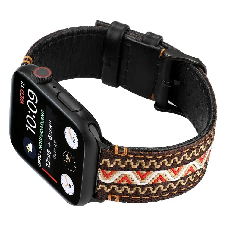 民族風真皮錶帶，適用於 Apple Watch Series 7 41mm / 6 & SE & 5 & 4 40mm / 3 & 2 & 1 38mm，適用於 Apple Watch Series 7 45mm / 6 & SE & 5 & 4 44mm / 3 & 2 & 1 42mm