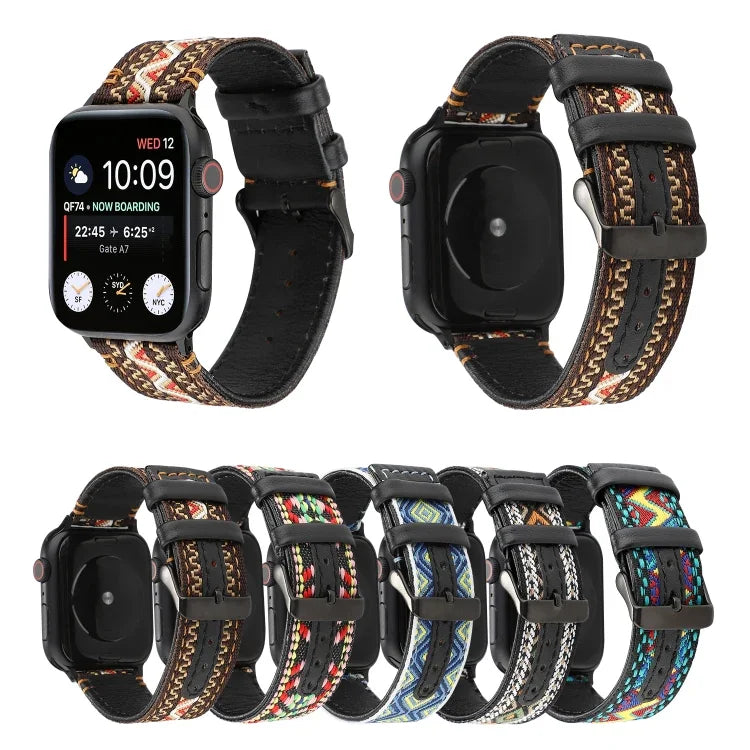 民族風真皮錶帶，適用於 Apple Watch Series 7 41mm / 6 & SE & 5 & 4 40mm / 3 & 2 & 1 38mm，適用於 Apple Watch Series 7 45mm / 6 & SE & 5 & 4 44mm / 3 & 2 & 1 42mm