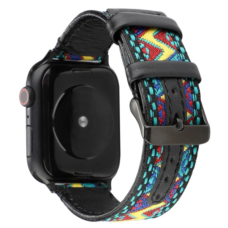 民族風真皮錶帶，適用於 Apple Watch Series 7 41mm / 6 & SE & 5 & 4 40mm / 3 & 2 & 1 38mm，適用於 Apple Watch Series 7 45mm / 6 & SE & 5 & 4 44mm / 3 & 2 & 1 42mm