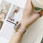 Candy color transparent TPU watchband for Apple Watch on a wrist, stylish and comfortable.