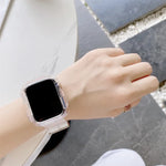 Transparent TPU watchband for Apple Watch shown on wrist with a minimalist design.