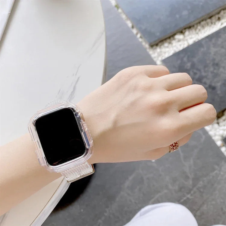 Transparent TPU watchband for Apple Watch shown on wrist with a minimalist design.