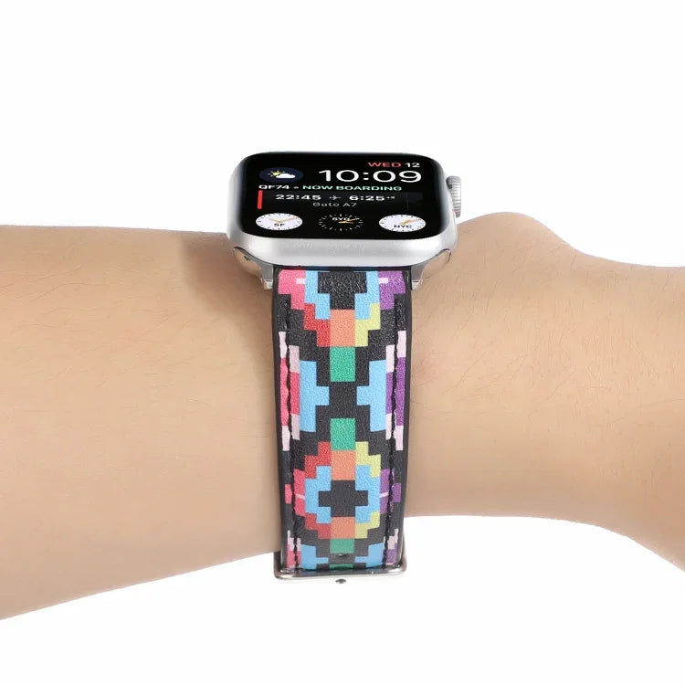 大理石民族風印花皮革錶帶，適用於 Apple Watch Series 6 & SE &、5 & 4 44mm / 3 & 2 & 1 42mm，5 & 4 40mm / 3 & 2 & 1 38mm