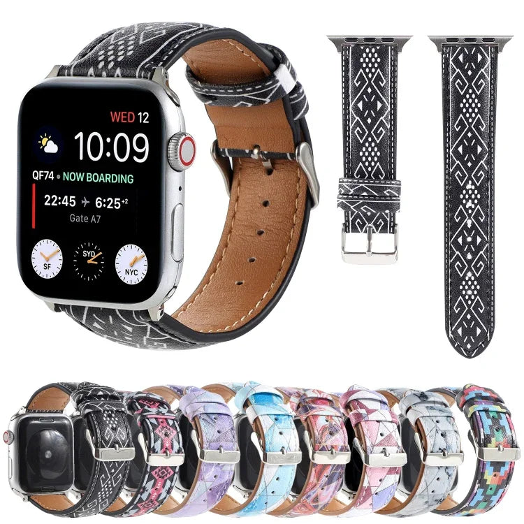 大理石民族風印花皮革錶帶，適用於 Apple Watch Series 6 & SE &、5 & 4 44mm / 3 & 2 & 1 42mm，5 & 4 40mm / 3 & 2 & 1 38mm