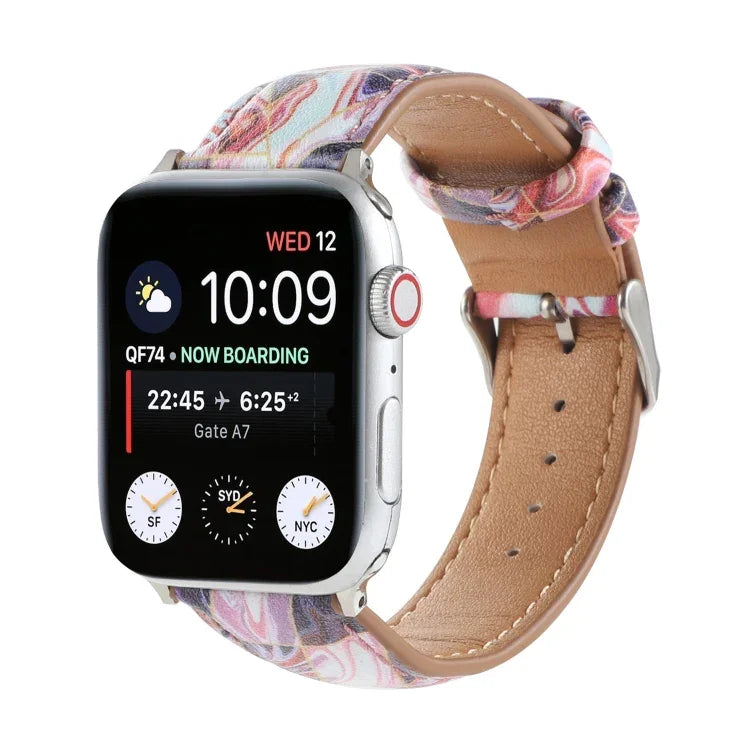 大理石民族風印花皮革錶帶，適用於 Apple Watch Series 6 & SE &、5 & 4 44mm / 3 & 2 & 1 42mm，5 & 4 40mm / 3 & 2 & 1 38mm
