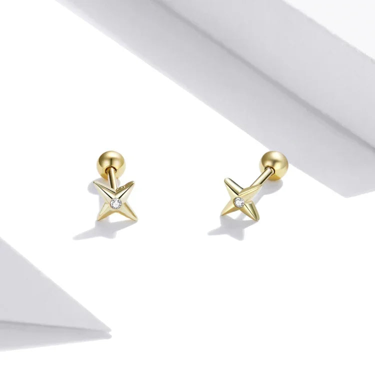 S925純銀金色星星耳釘女耳環，金色星星