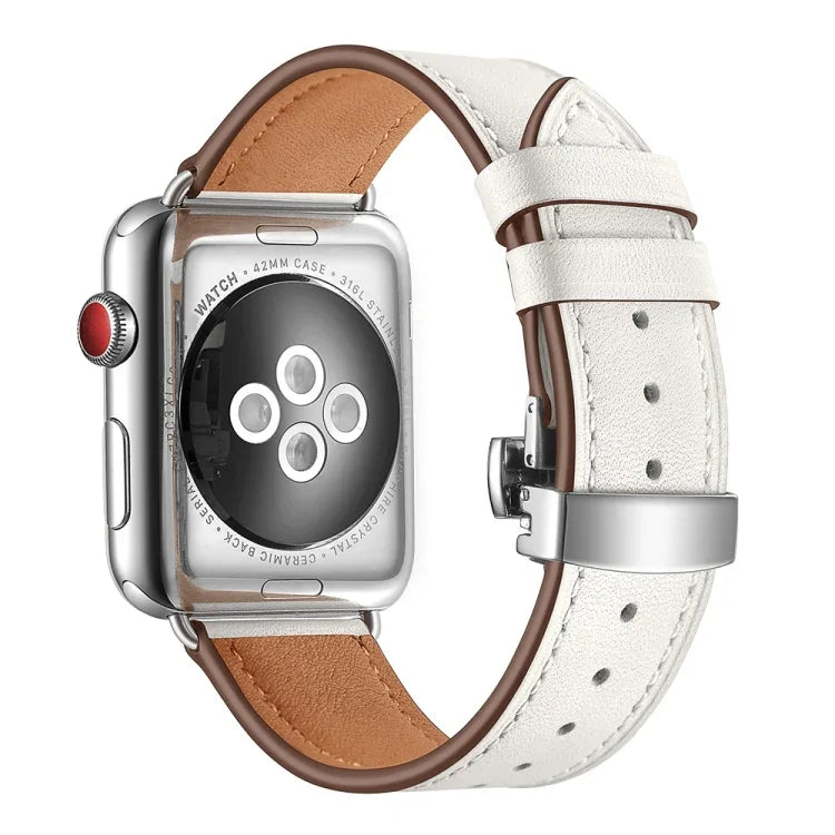 真皮 + 蝴蝶銀扣替換錶帶，適用於 Apple Watch Series 6 & SE & 5 & 4 44mm / 3 & 2 & 1 42mm，銀扣適用於 Apple Watch Series 7 45mm / 6 & SE & 5 & 4 44mm / 3 & 2 & 1 42mm