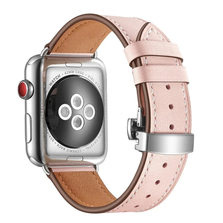 真皮 + 蝴蝶銀扣替換錶帶，適用於 Apple Watch Series 6 & SE & 5 & 4 40mm / 3 & 2 & 1 38mm，銀扣適用於 Apple Watch Series 7 41mm / 6 & SE & 5 & 4 40mm / 3 & 2 & 1 38mm
