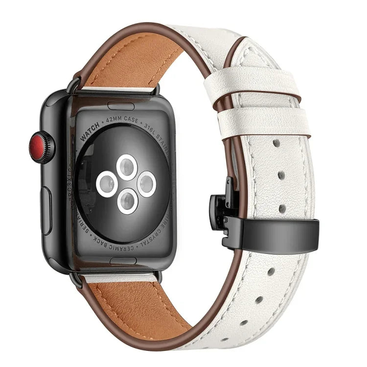 真皮 + 蝴蝶黑扣替換錶帶，適用於 Apple Watch Series 6 & SE & 5 & 4 44mm / 3 & 2 & 1 42mm，黑扣適用於 Apple Watch Series 7 45mm / 6 & SE & 5 & 4 44mm / 3 & 2 & 1 42mm